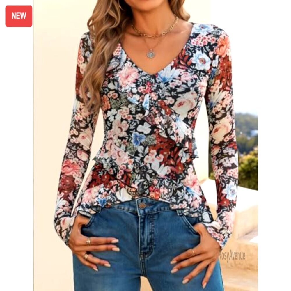 Long Sleeve Floral Ruffle V-Neck Blouse, Slim Fit, Fall Fashion Top - Picture 2 of 7